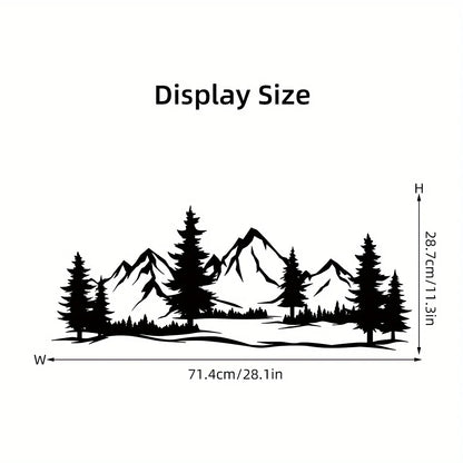 Black silhouette of mountains and pines on a white background, about 71 cm wide and 29 cm high
