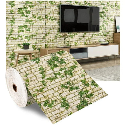 Roll of cream self-adhesive wallpaper with green ivy printed over the bricks, Model H