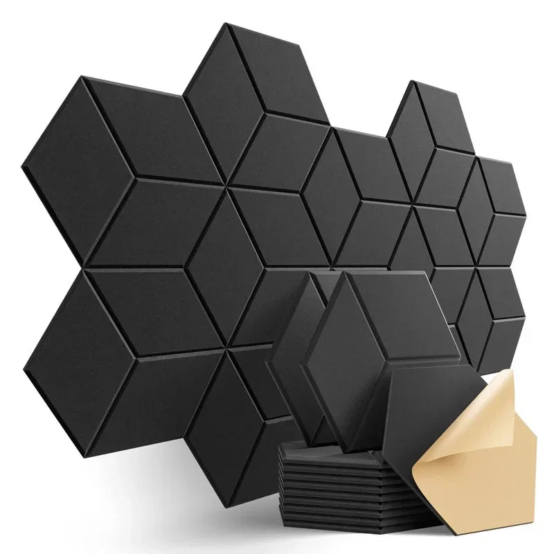 12 black Y-cut hexagonal acoustic panels on a white background, with a stack and the adhesive back