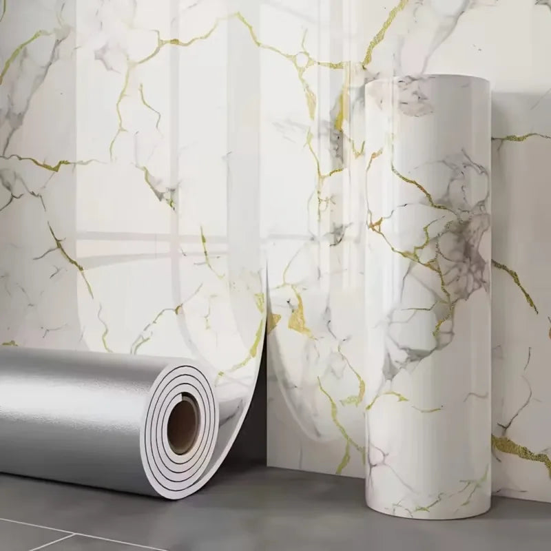 Platinum marble effect panel with fine golden veins and grey patches, in a roll