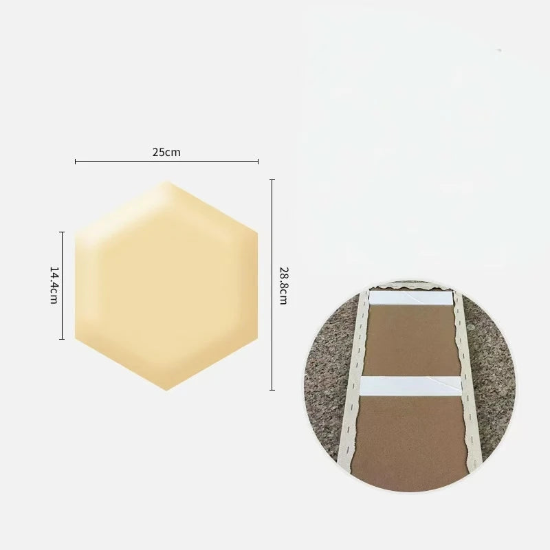 Beige gestoffeerd zeshoekig paneel, 25 × 28,8 cm, met de klevende achterkant