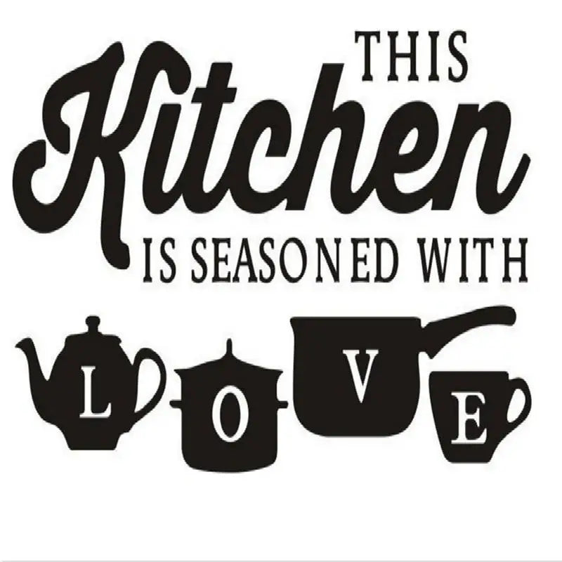 Musta tarra, jossa teksti ”This kitchen is seasoned with love” sekä teekannun, kattilan, paistinpannun ja kupin siluetit