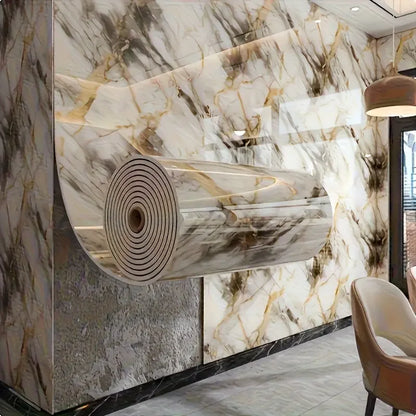Wall and pillar covered in 3D marble effect panels with smoky grey and golden veins, and a roll unrolling