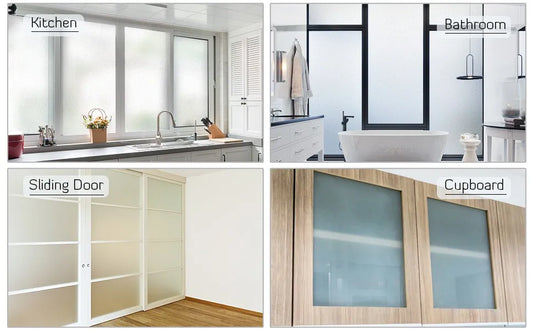 Vier situaties met glas met matglaslook: keuken, badkamer, schuifdeur en meubeldeuren