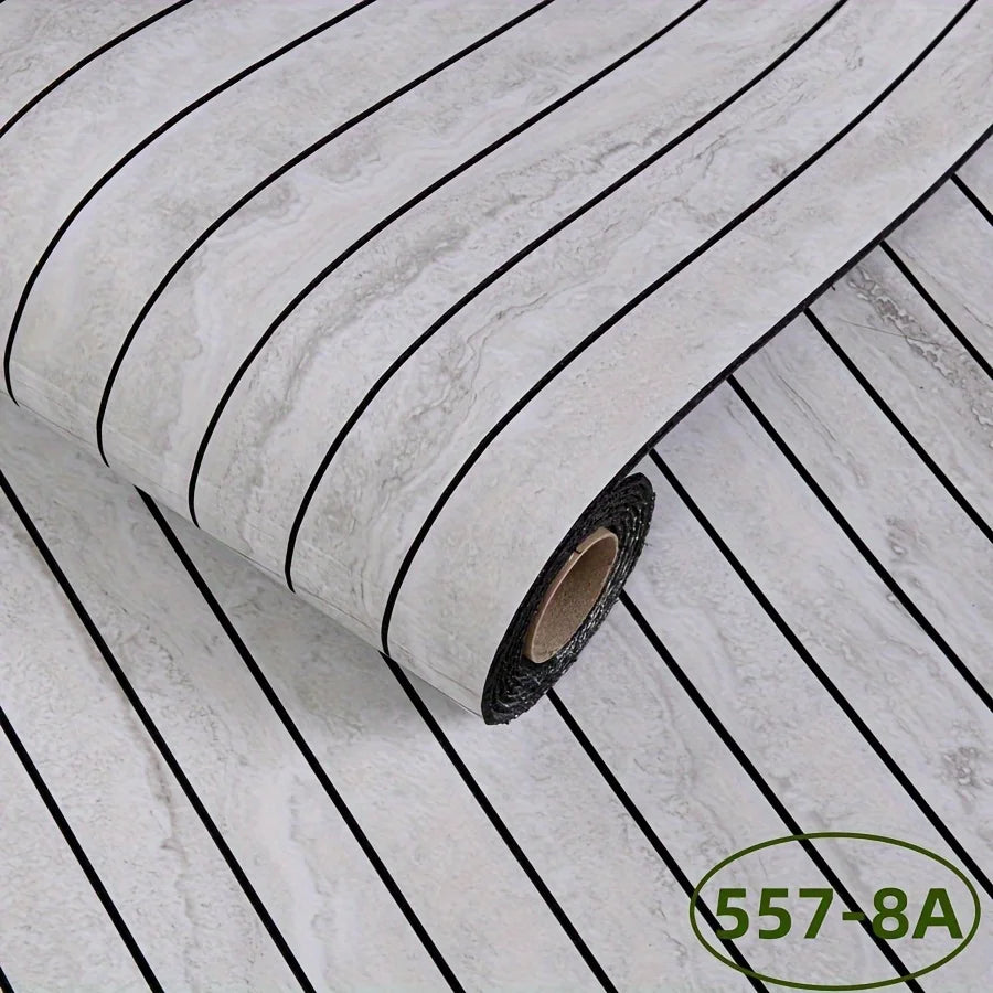 Roll of self-adhesive wall panel in light grey concrete effect with black stripes, model S-557-8A