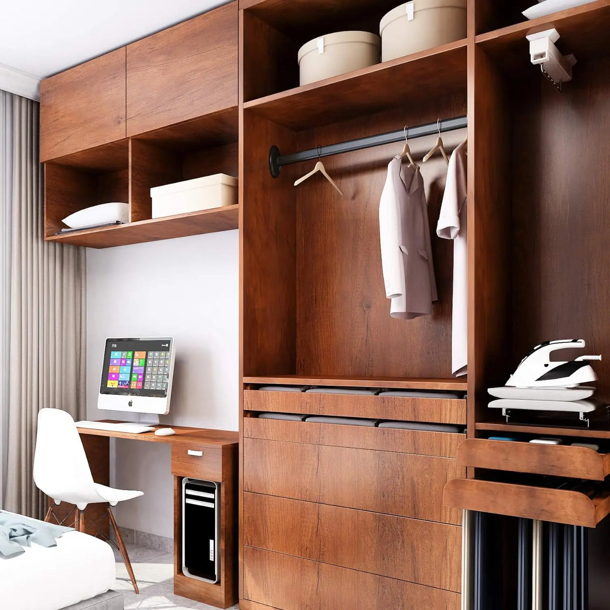 Open cupboard with brown wood effect shelves and a desk with a computer