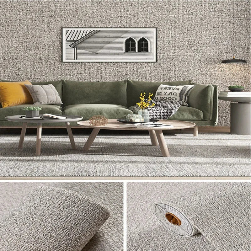 Kamer met een lichte wandbekleding met linnenlook, met de rol en een close-up van de weving