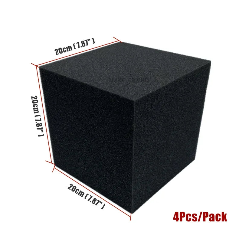 Black acoustic foam cube, 20 cm per side, on a white background