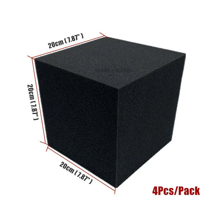 Black acoustic foam cube, 20 cm per side, on a white background