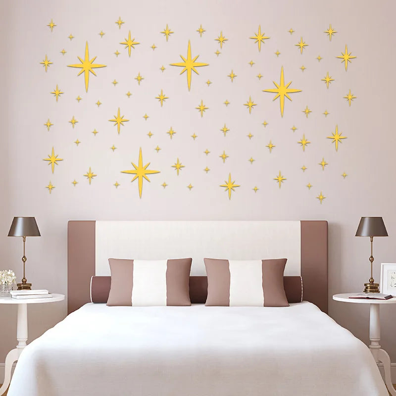 Gold sparkling stars on a bedhead
