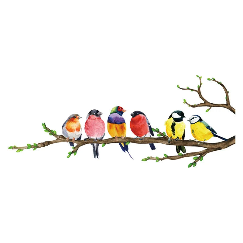 Zes kleurrijke vogels op een tak met groene bladeren, muursticker op een witte achtergrond