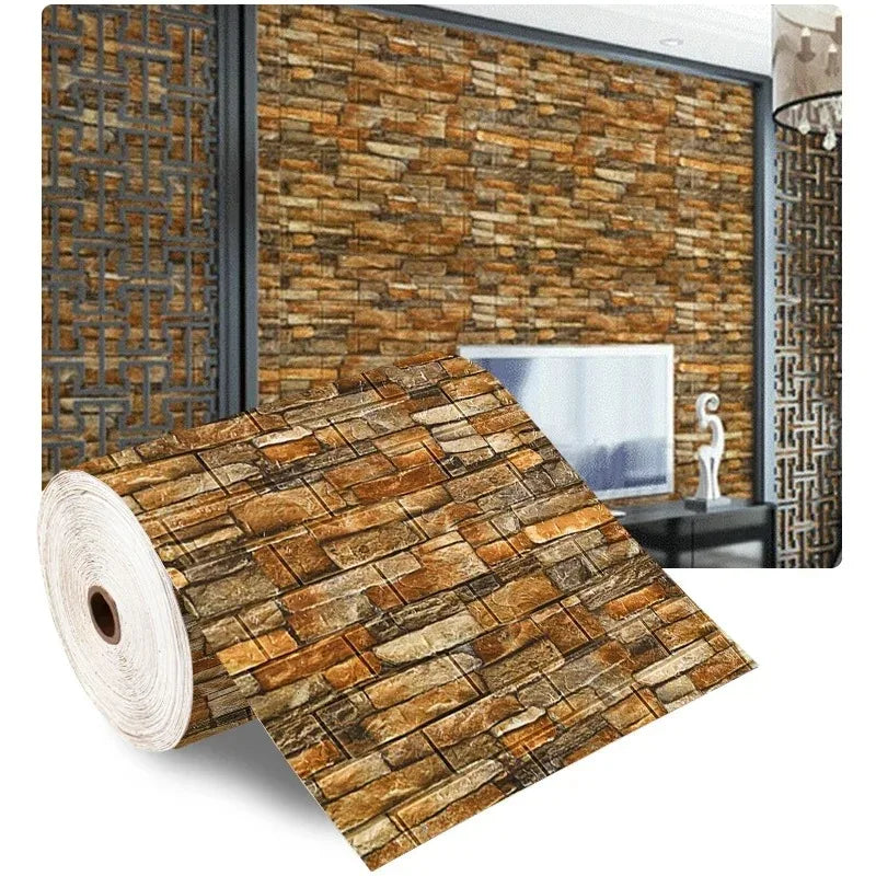 Roll of self-adhesive foam wallpaper with brown and orange stone effect, with a living room in the background