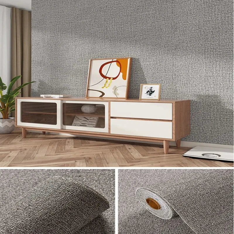 Muur bekleed met duifgrijze linnenlook, met de rol en een close-up van de weving