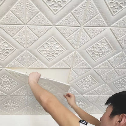 3D foam diamond panel being applied to the ceiling during fitting