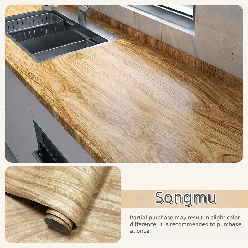 Worktop with sink covered in golden brown wood effect vinyl with knots and roll (Model 5)