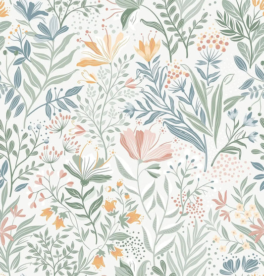 Blumenmuster mit Blumen und Blättern in Salbeigrün, Hellblau, Rosa und Orange auf cremefarbenem Hintergrund
