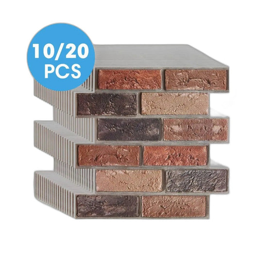 Pile of self-adhesive brick effect panels in red and brown showing the raised surface and the thickness