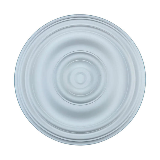 Round white polyurethane ceiling rose with relief of concentric circles, seen from above