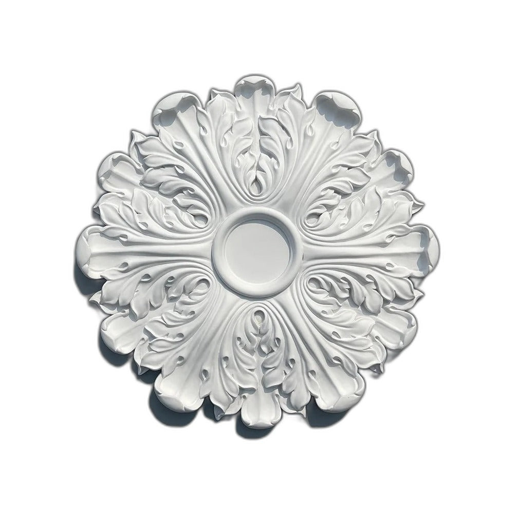 Decorative white polyurethane ceiling rose with leaf relief, seen from above, on a grey background