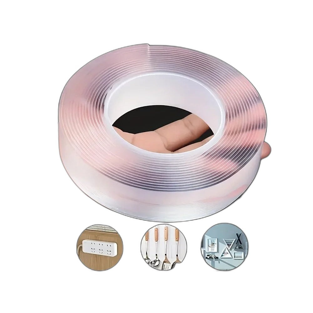 Roll of transparent double-sided tape held in one hand, on a black background