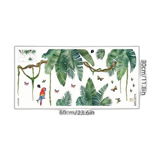 Zelfklevend vel van 30 × 60 cm met grote groene bladeren, takken, een rood-blauwe vogel en vlinders op een witte achtergrond