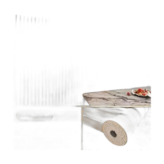 Living room with a wall covered in vertical golden brown slats with fine black lines, and an unrolled roll