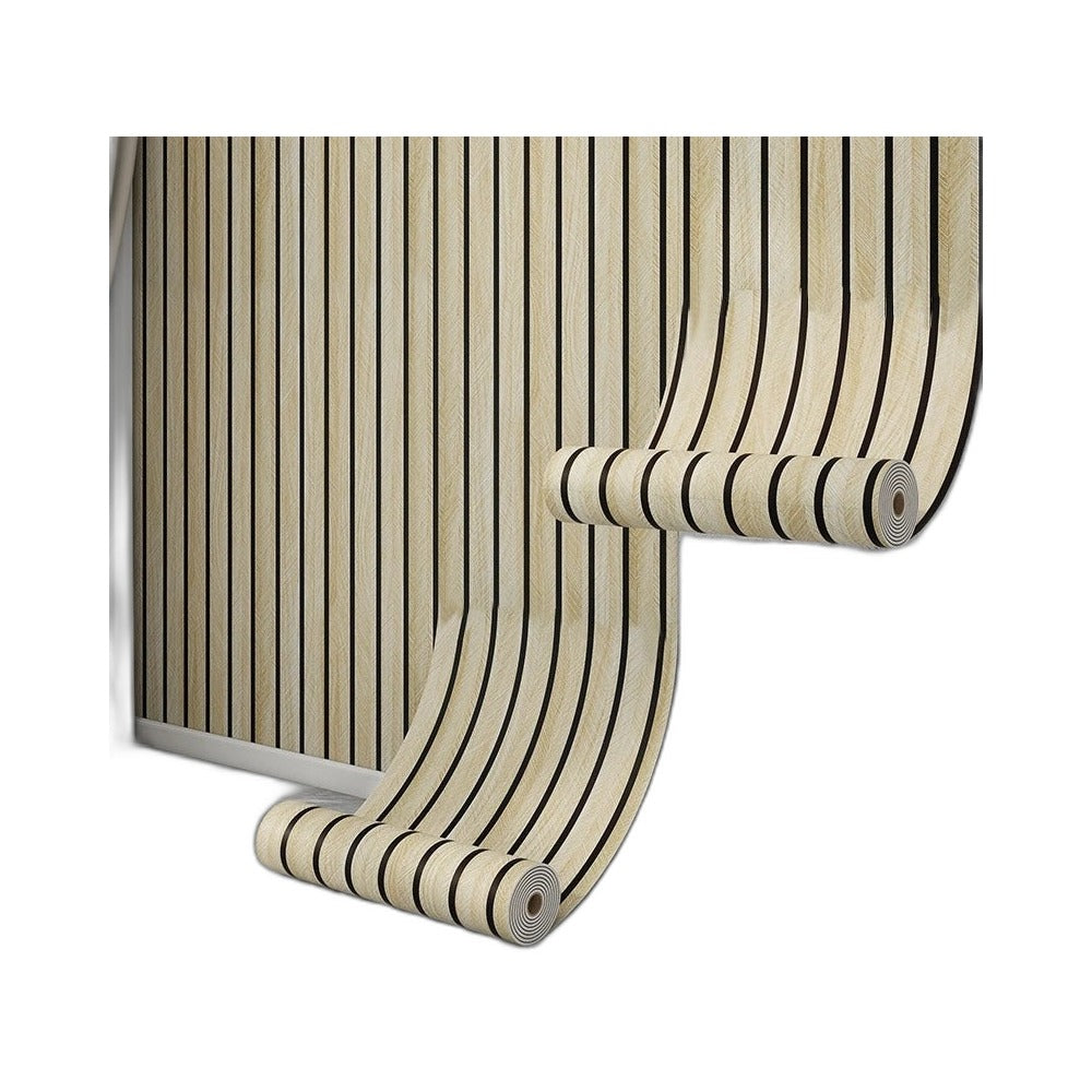 Wood effect adhesive roll with light slats and black lines, unrolling along a wall