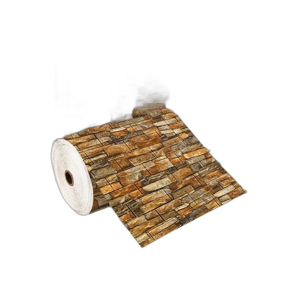 Roll of self-adhesive foam wallpaper with brown and orange stone effect, with a living room in the background