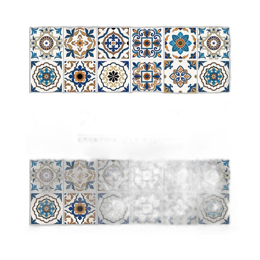 Set van 24 tegelstickers met blauwe, oranje en witte ontwerpen, in twee rijen gelegd