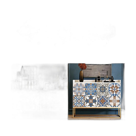 Fan of ten blue and brown tile stickers, with a decorated kitchen and cabinet