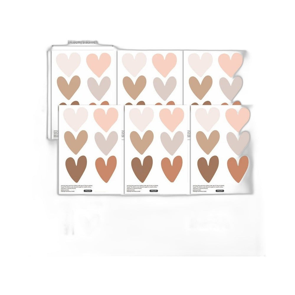 Six sheets of heart stickers in beige, pink and brown tones, with the sheet and heart measurements