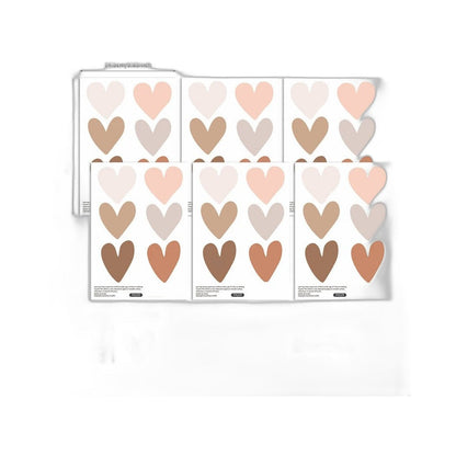 Six sheets of heart stickers in beige, pink and brown tones, with the sheet and heart measurements