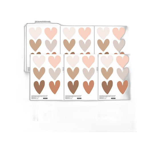 Six sheets of heart stickers in beige, pink and brown tones, with the sheet and heart measurements