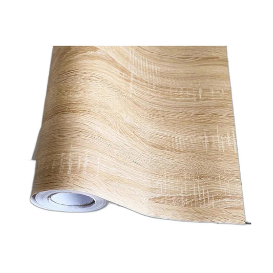 Roll of light beige wood effect vinyl wrap, partly unrolled