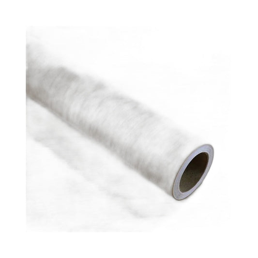 Roll of light grey beige wood effect adhesive vinyl resting on vinyl laid out flat